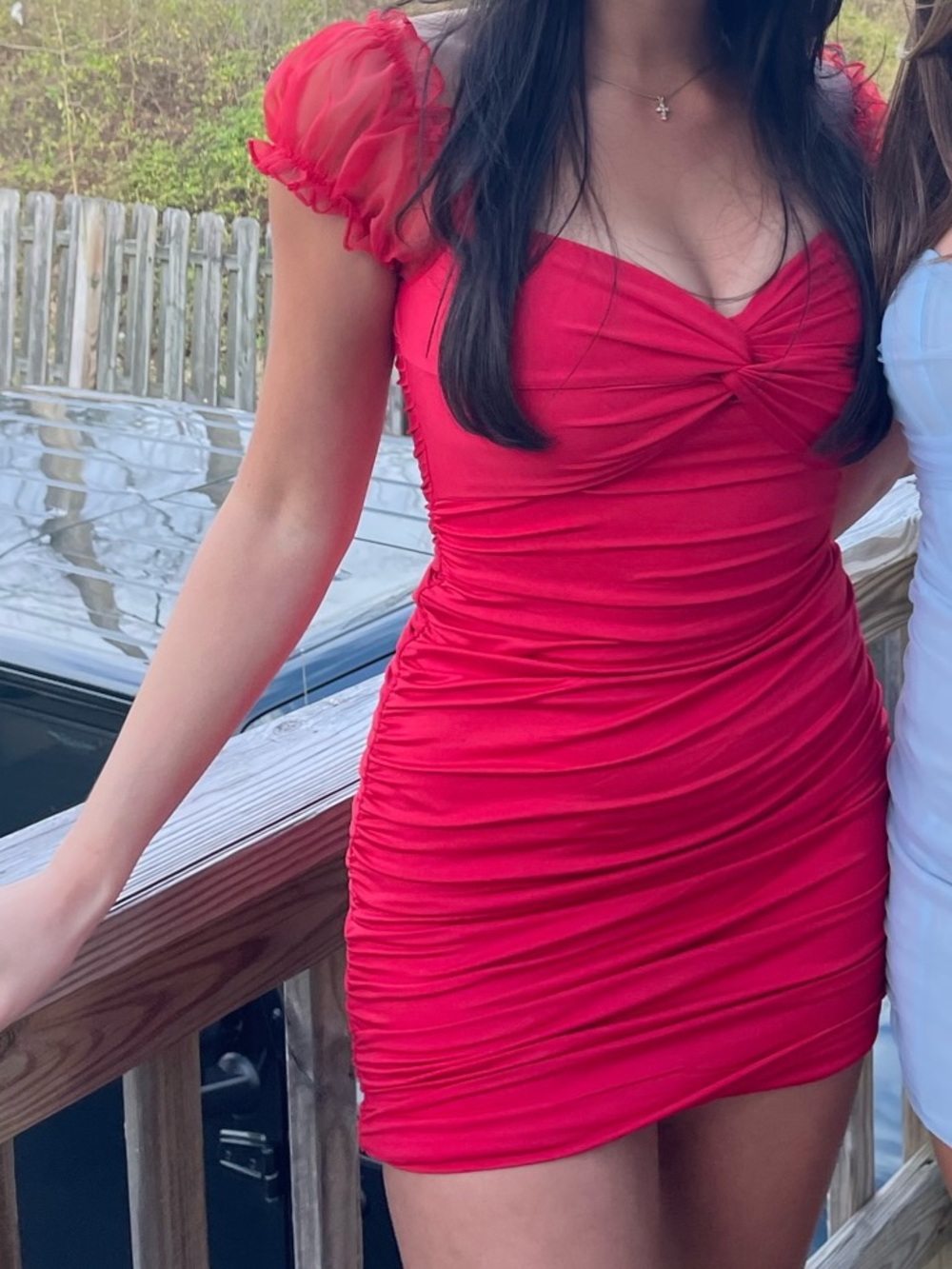 Red Ruched Mini Dress with Puff Mesh Sleeves - Women